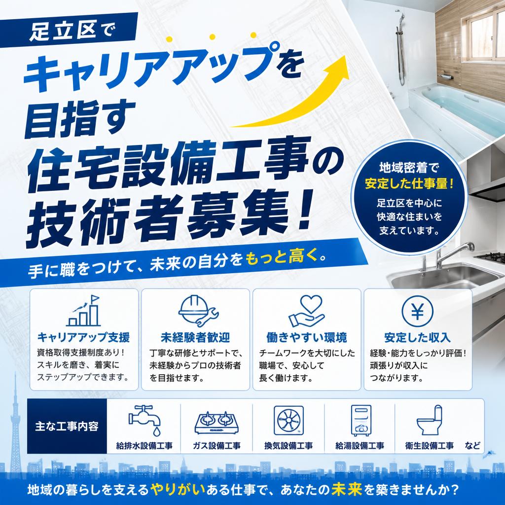 足立区でキャリアアップを目指す住宅設備工事の技術者募集！